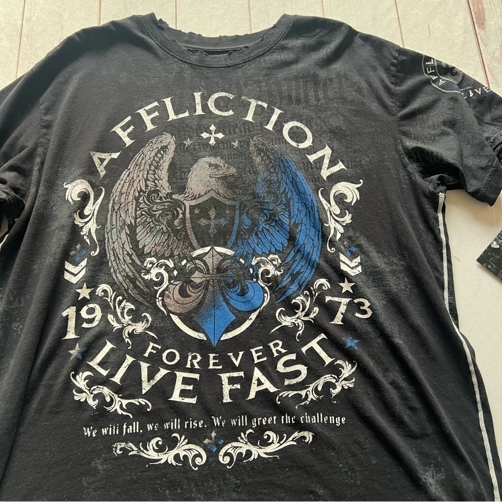 NWT Affliction Mens T-Shirt 2X Black Live Fast Double Side Distressed Y2K Grunge - Picture 15 of 15